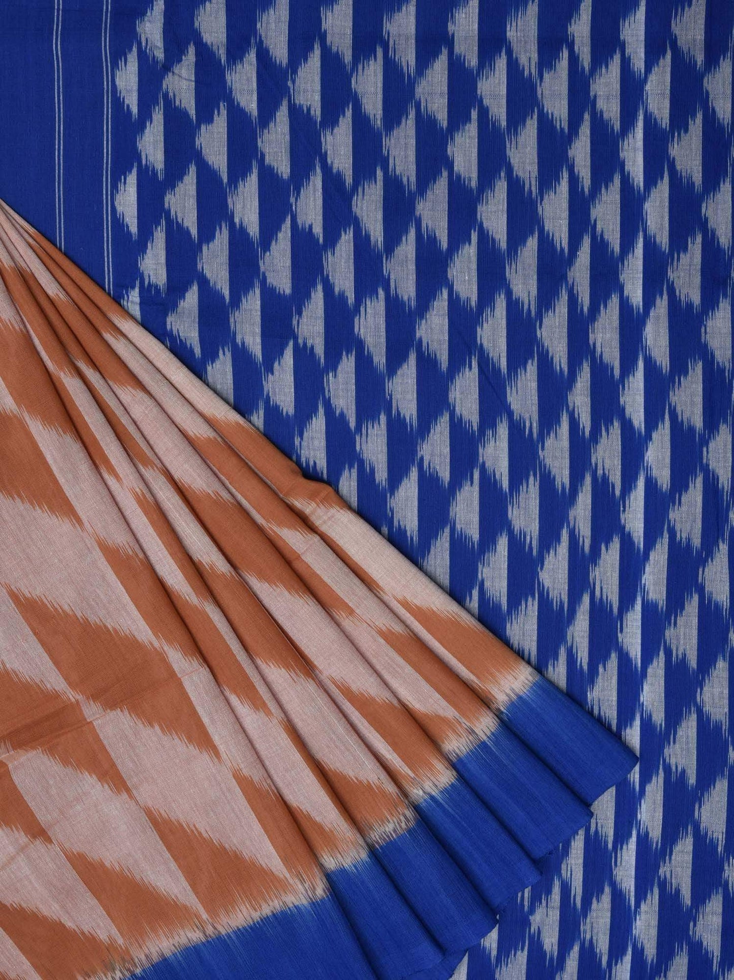 Light Brown and Blue Pochampally Ikat Cotton Handloom Saree with Triangle Pallu Design i0428