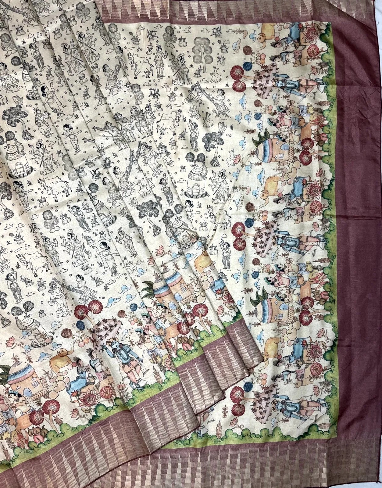 Light Brown and Cream Digital Printed Viscose Silk Saree with Village Theme Design pr0060ap