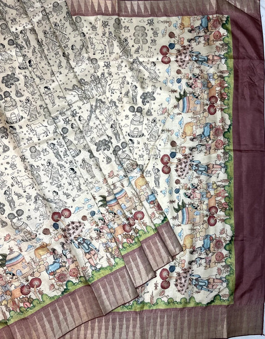 Light Brown and Cream Digital Printed Viscose Silk Saree with Village Theme Design pr0060ap