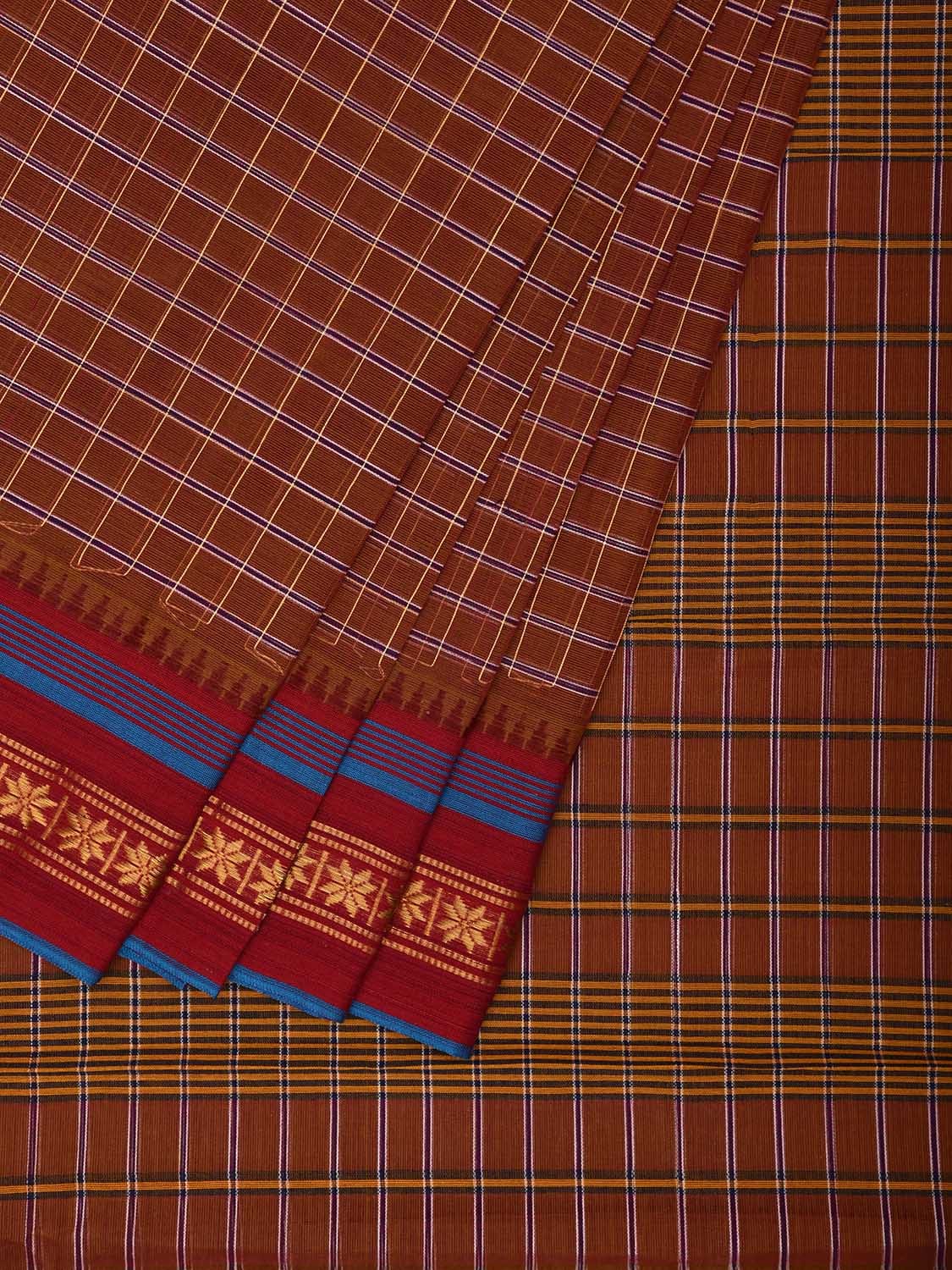 Light Brown and Maroon Narayanpet Cotton Handloom Saree with Checks Design No Blouse np1018