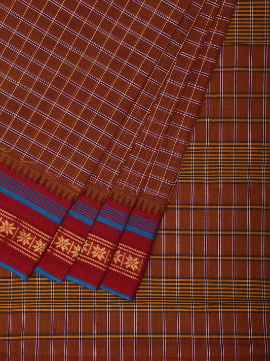 Light Brown and Maroon Narayanpet Cotton Handloom Saree with Checks Design No Blouse np1018