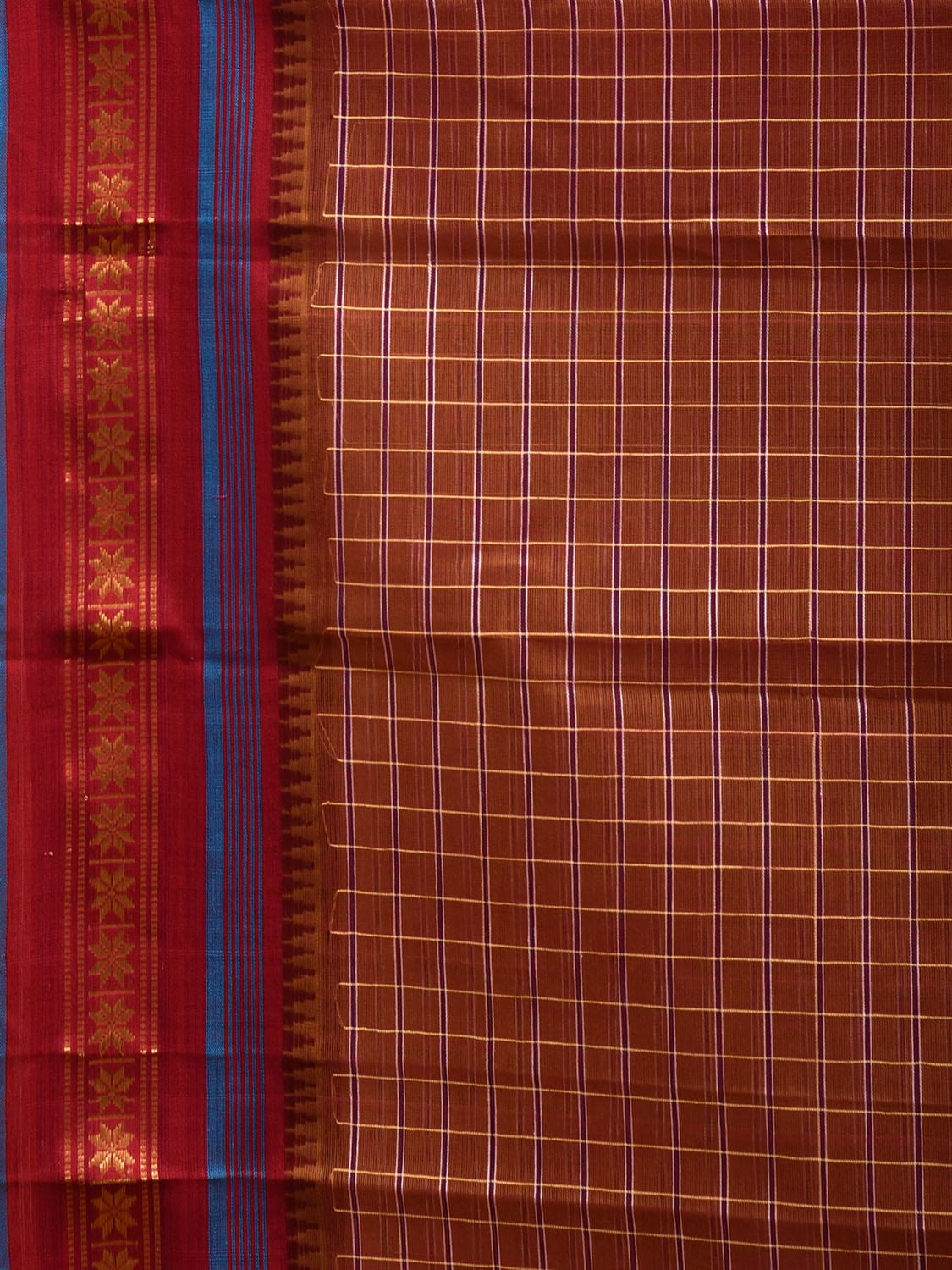 Light Brown and Maroon Narayanpet Cotton Handloom Saree with Checks Design No Blouse np1018