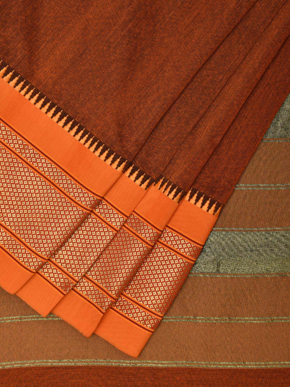 Light Brown and Orange Bamboo Cotton Plain Saree with Narali Border No Blouse bc0554