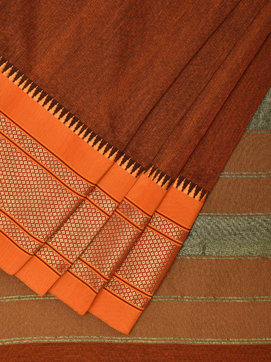 Light Brown and Orange Bamboo Cotton Plain Saree with Narali Border No Blouse bc0554
