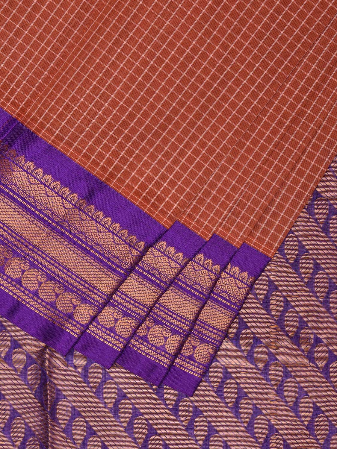 Light Brown and Purple Gadwal Cotton Checks Saree with Pallu and Border Design No Blouse g0420