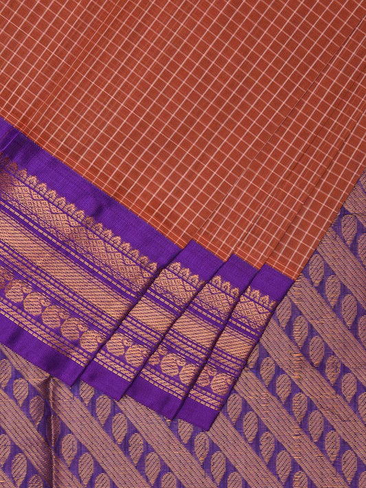 Light Brown and Purple Gadwal Cotton Checks Saree with Pallu and Border Design No Blouse g0420