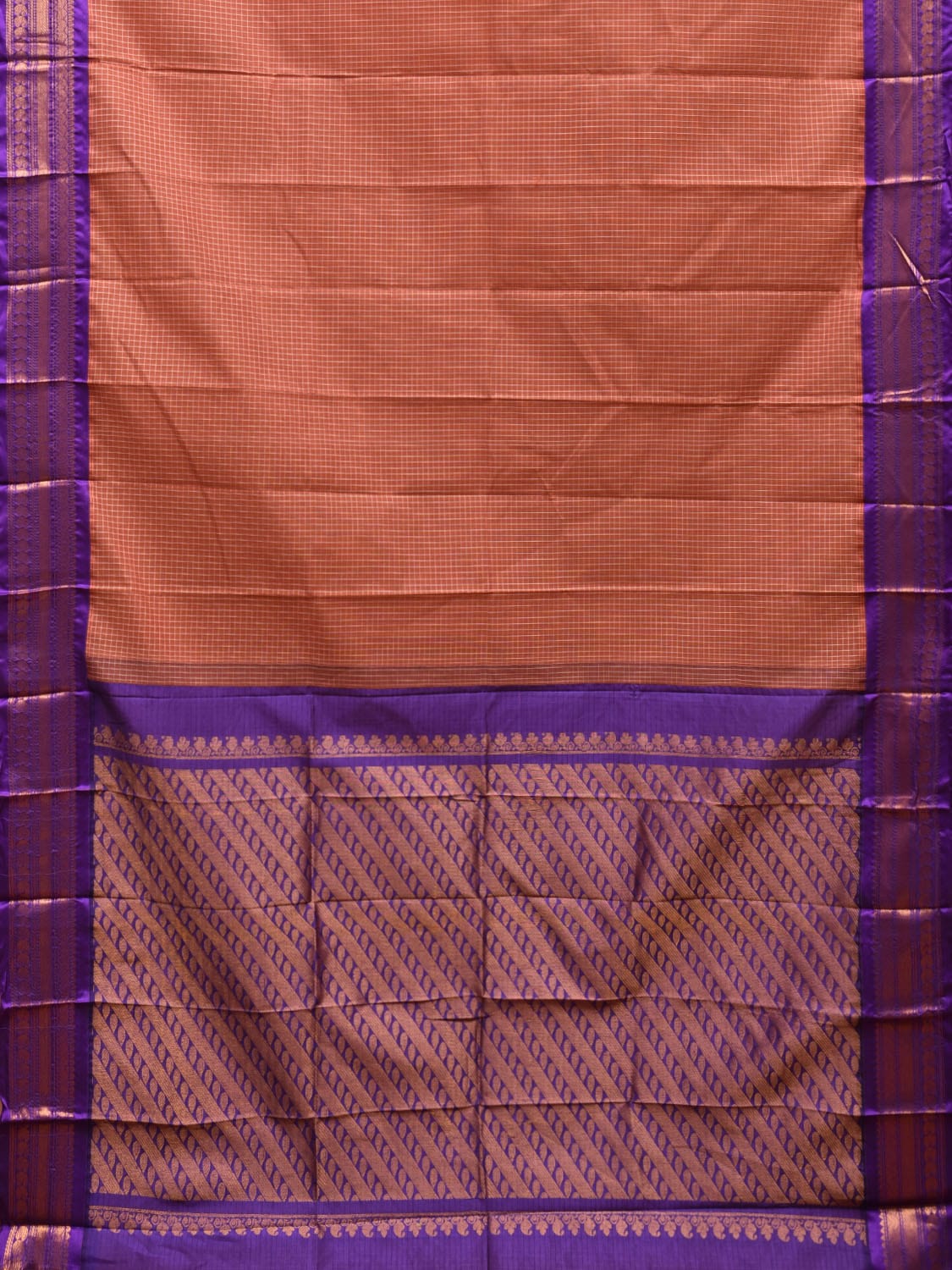 Light Brown and Purple Gadwal Cotton Checks Saree with Pallu and Border Design No Blouse g0420