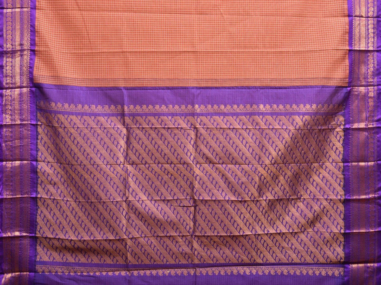 Light Brown and Purple Gadwal Cotton Checks Saree with Pallu and Border Design No Blouse g0420