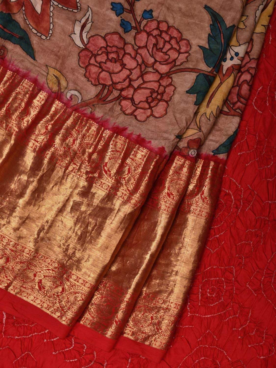 Light Brown and Red Kalamkari Hand Painted Kanchipuram Silk Handloom Saree with Floral and Bandhani Pallu-Blouse Design KL0537