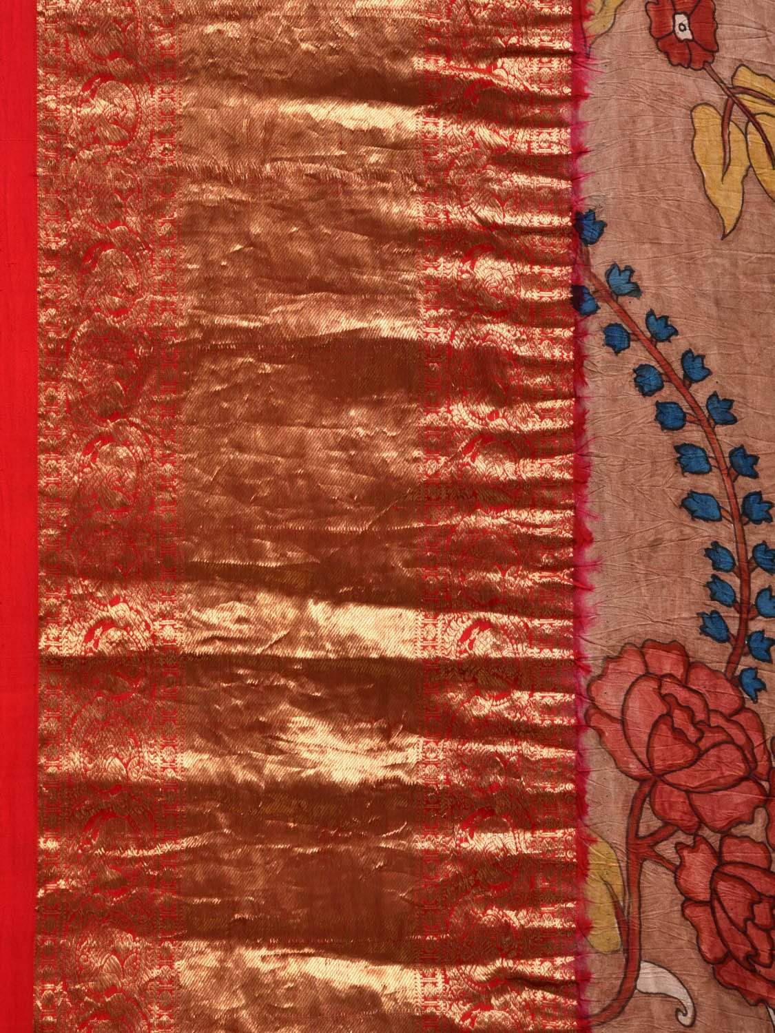Light Brown and Red Kalamkari Hand Painted Kanchipuram Silk Handloom Saree with Floral and Bandhani Pallu-Blouse Design KL0537