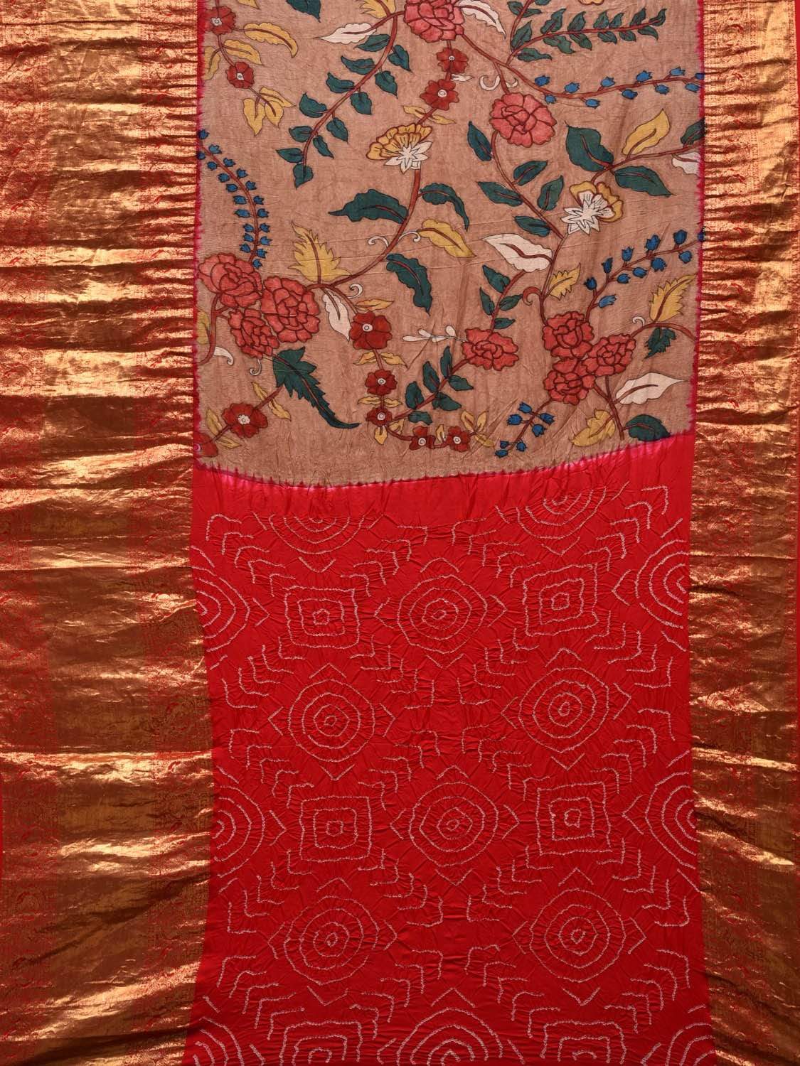 Light Brown and Red Kalamkari Hand Painted Kanchipuram Silk Handloom Saree with Floral and Bandhani Pallu-Blouse Design KL0537