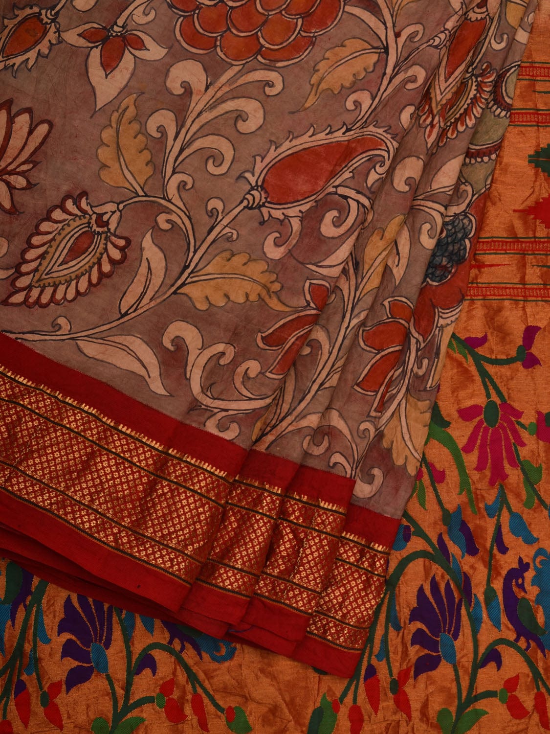 Light Brown and Red Kalamkari Hand Painted Paithani Silk Handloom Saree with Flowers and Peacocks Design KL0609