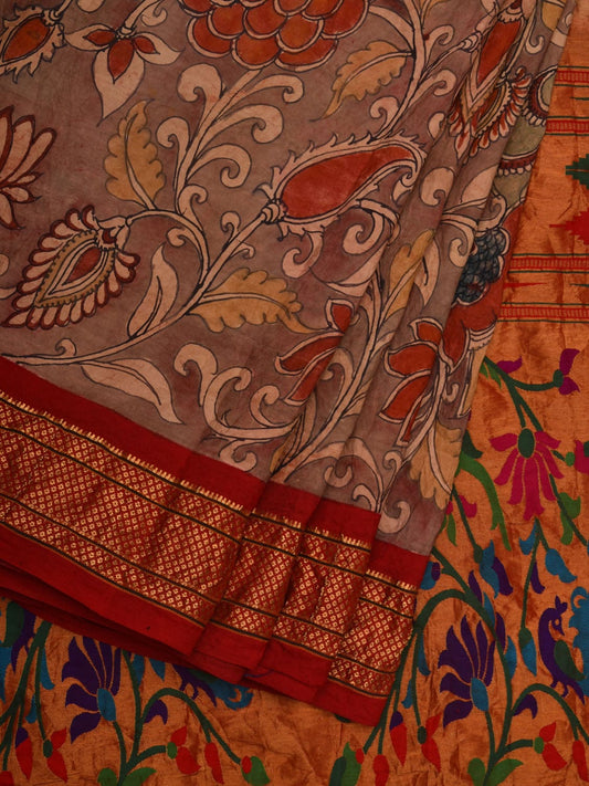 Light Brown and Red Kalamkari Hand Painted Paithani Silk Handloom Saree with Flowers and Peacocks Design KL0609