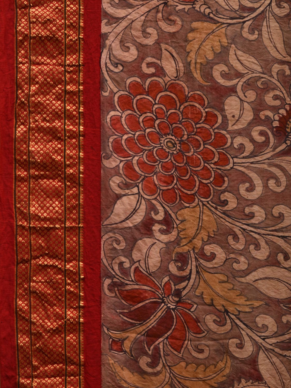 Light Brown and Red Kalamkari Hand Painted Paithani Silk Handloom Saree with Flowers and Peacocks Design KL0609