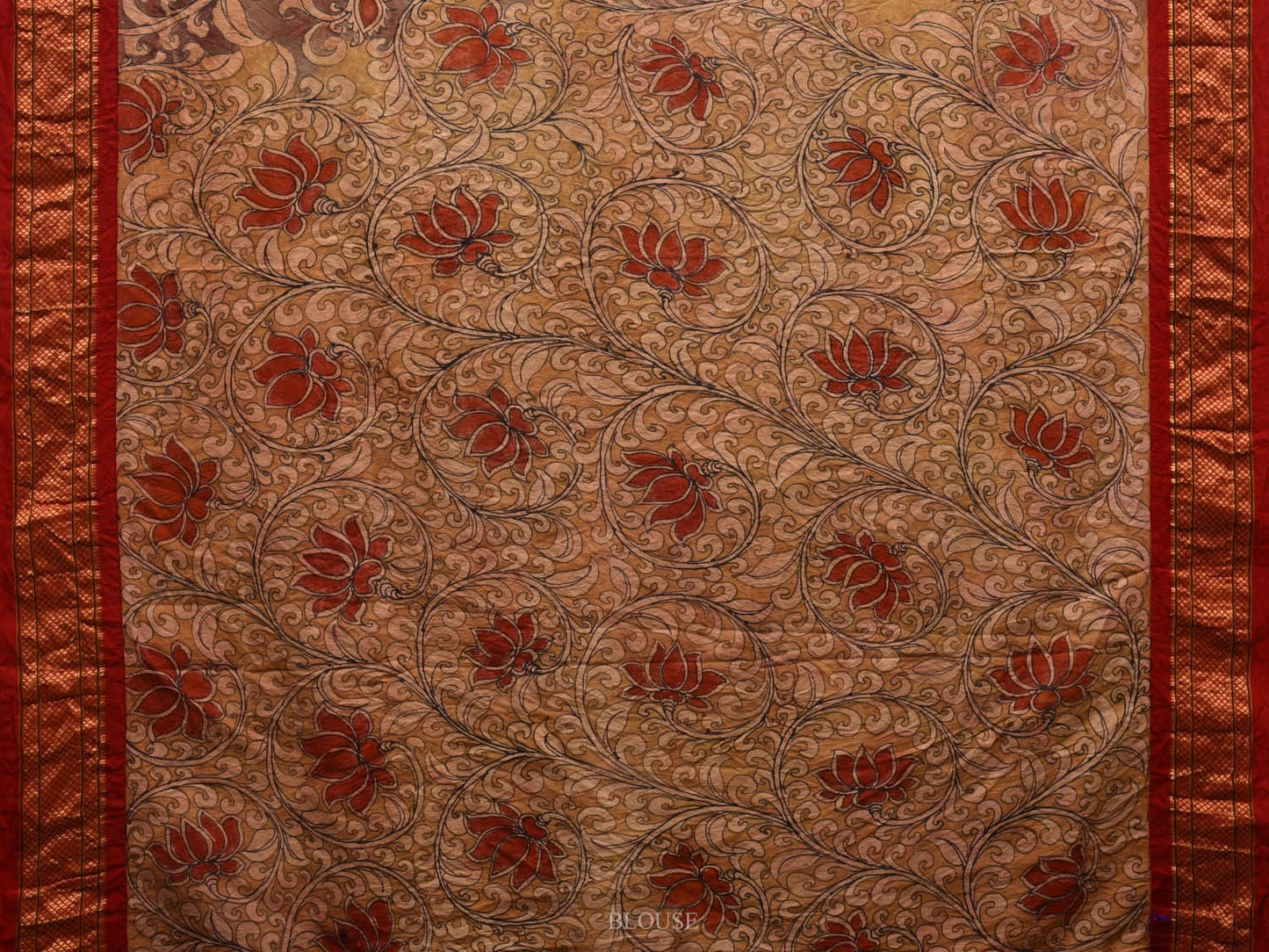 Light Brown and Red Kalamkari Hand Painted Paithani Silk Handloom Saree with Flowers and Peacocks Design KL0609