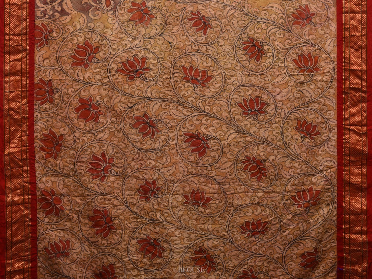 Light Brown and Red Kalamkari Hand Painted Paithani Silk Handloom Saree with Flowers and Peacocks Design KL0609