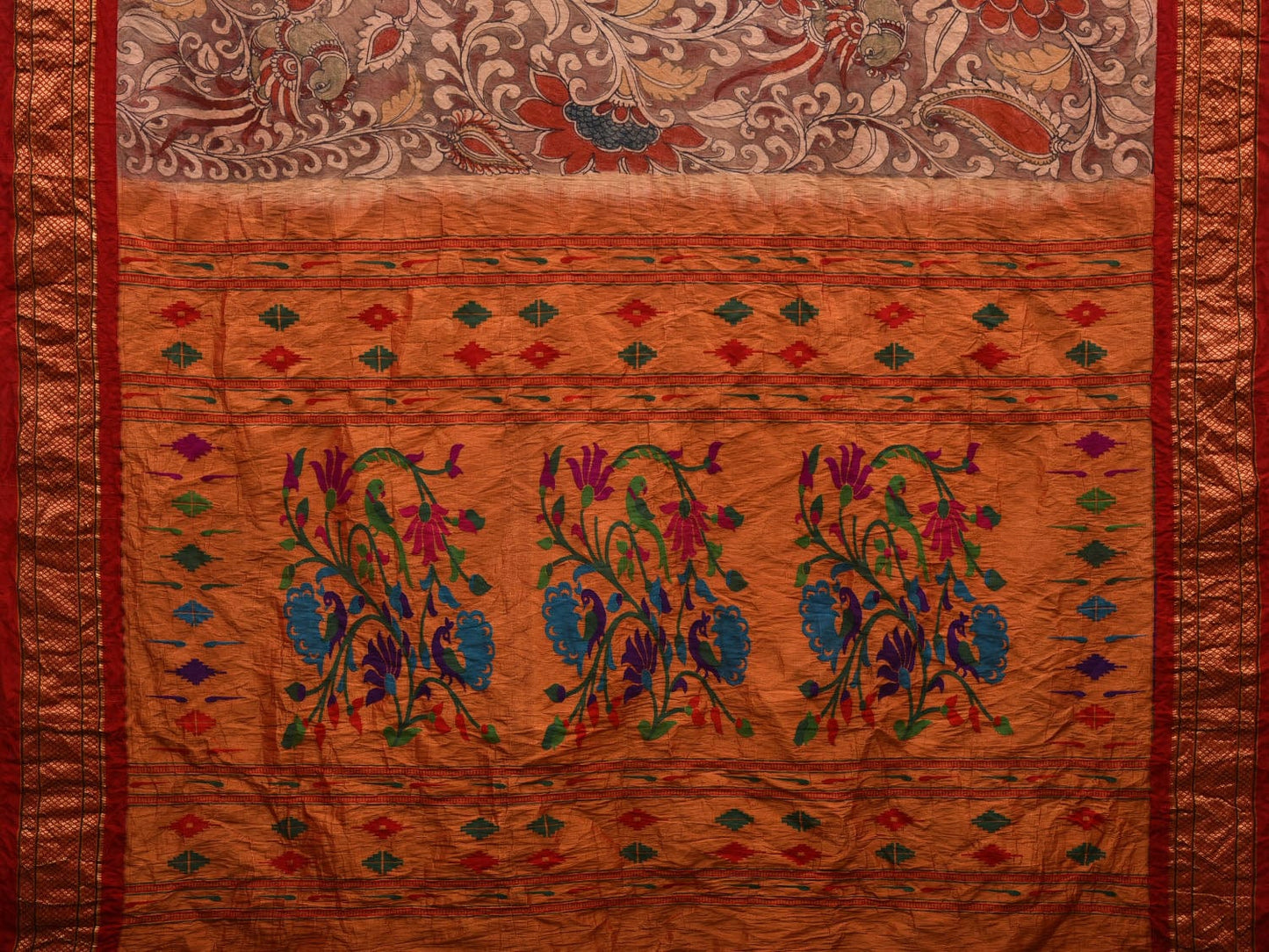 Light Brown and Red Kalamkari Hand Painted Paithani Silk Handloom Saree with Flowers and Peacocks Design KL0609