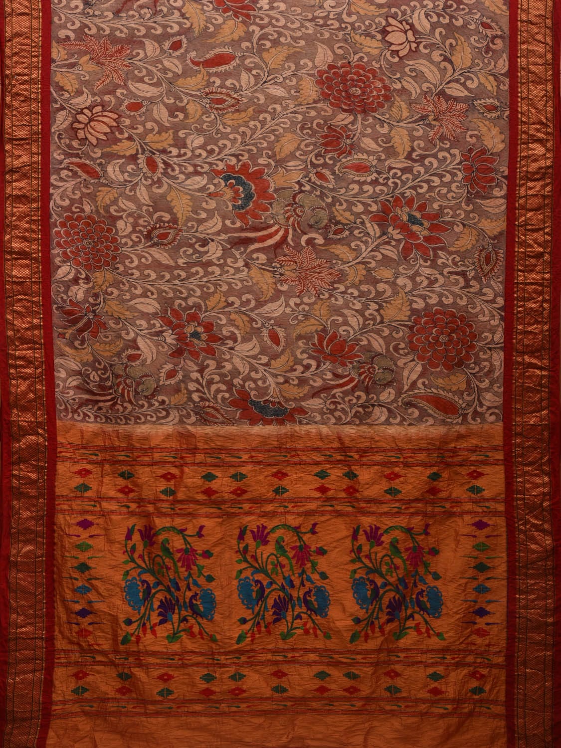 Light Brown and Red Kalamkari Hand Painted Paithani Silk Handloom Saree with Flowers and Peacocks Design KL0609