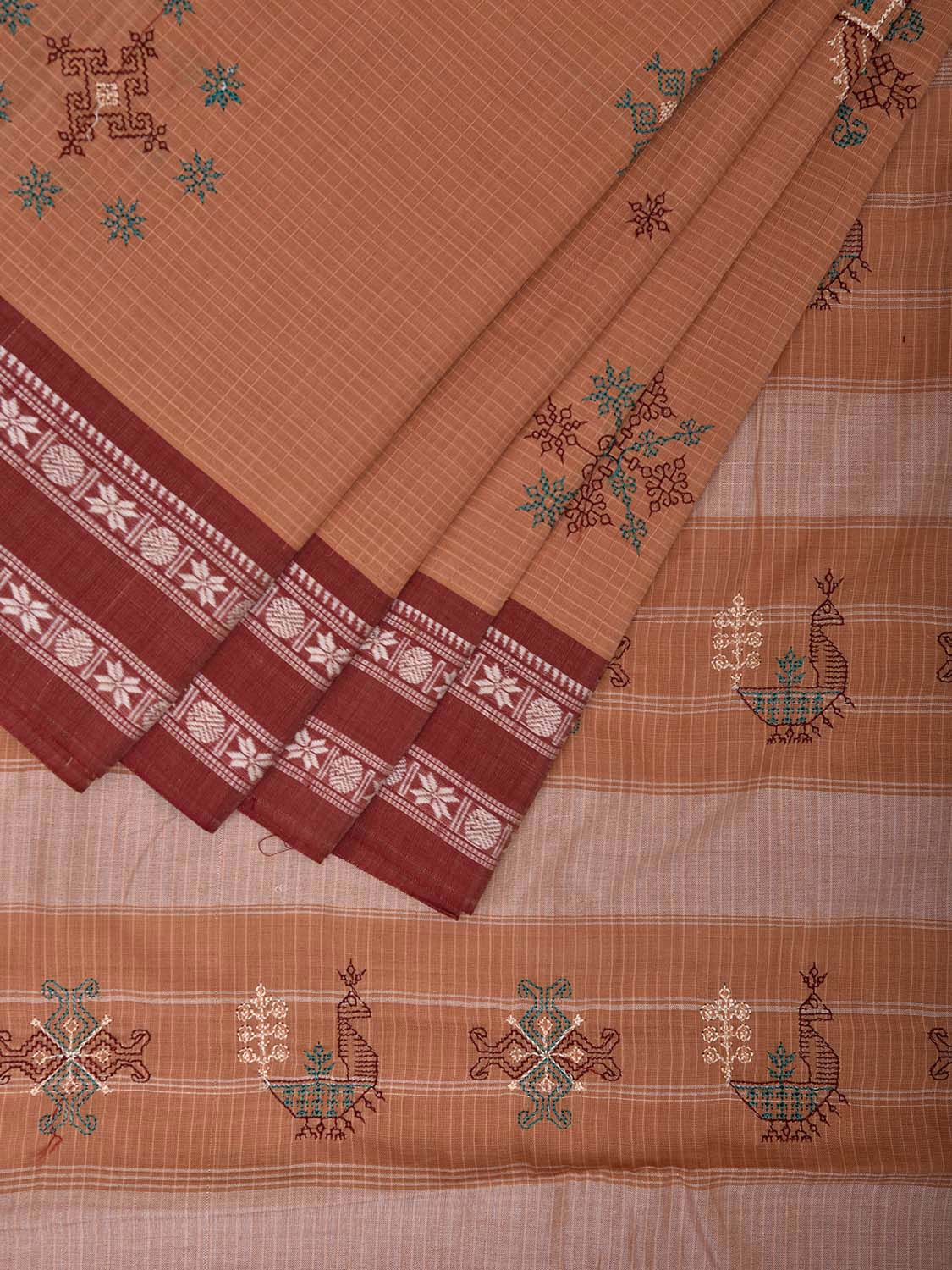 Light Brown and Red Narayanpet Cotton Handloom Saree with Kasuti Work Design o0586