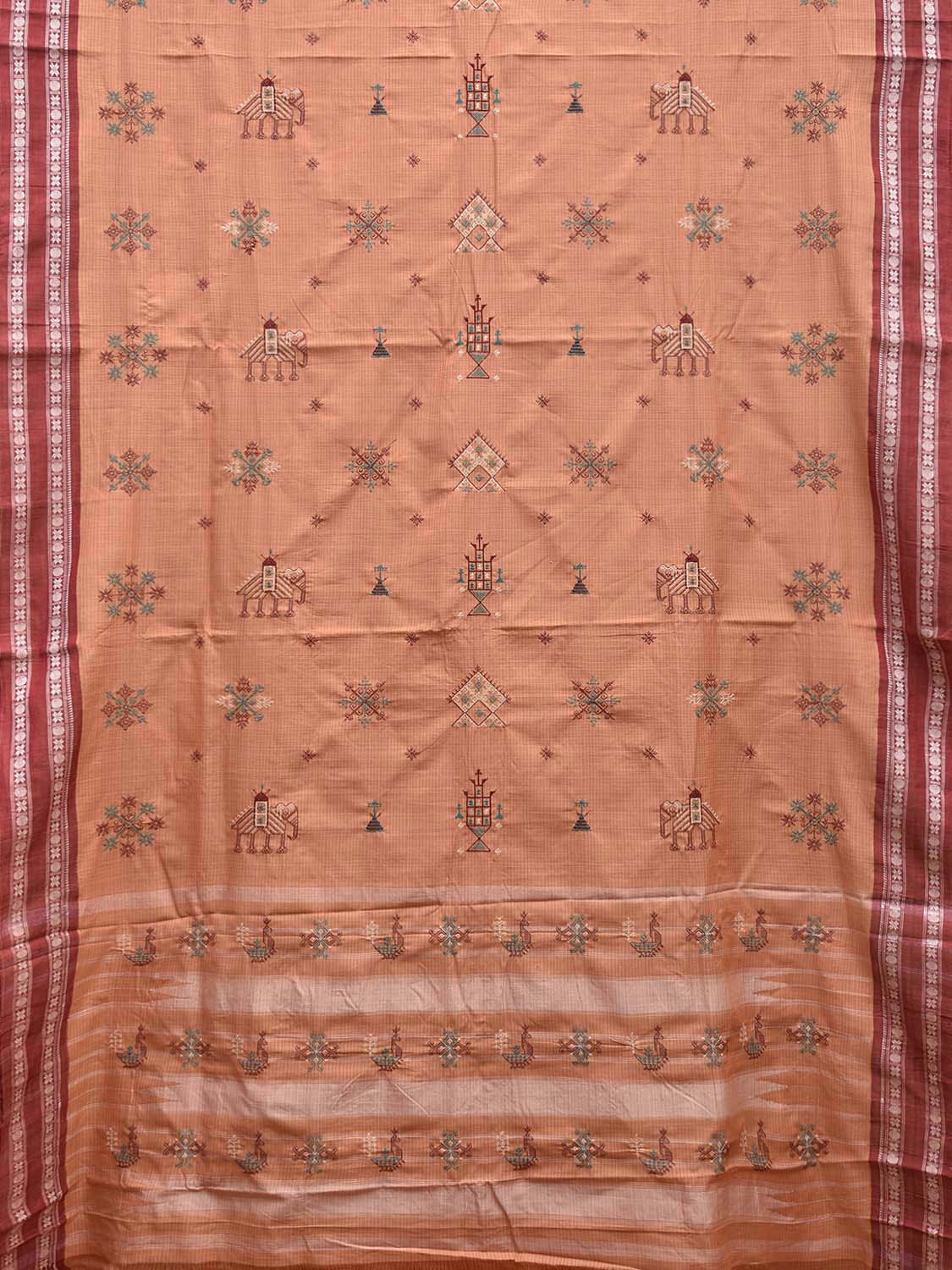 Light Brown and Red Narayanpet Cotton Handloom Saree with Kasuti Work Design o0586