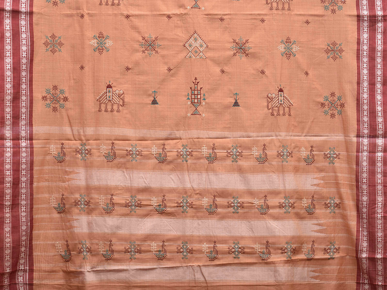 Light Brown and Red Narayanpet Cotton Handloom Saree with Kasuti Work Design o0586