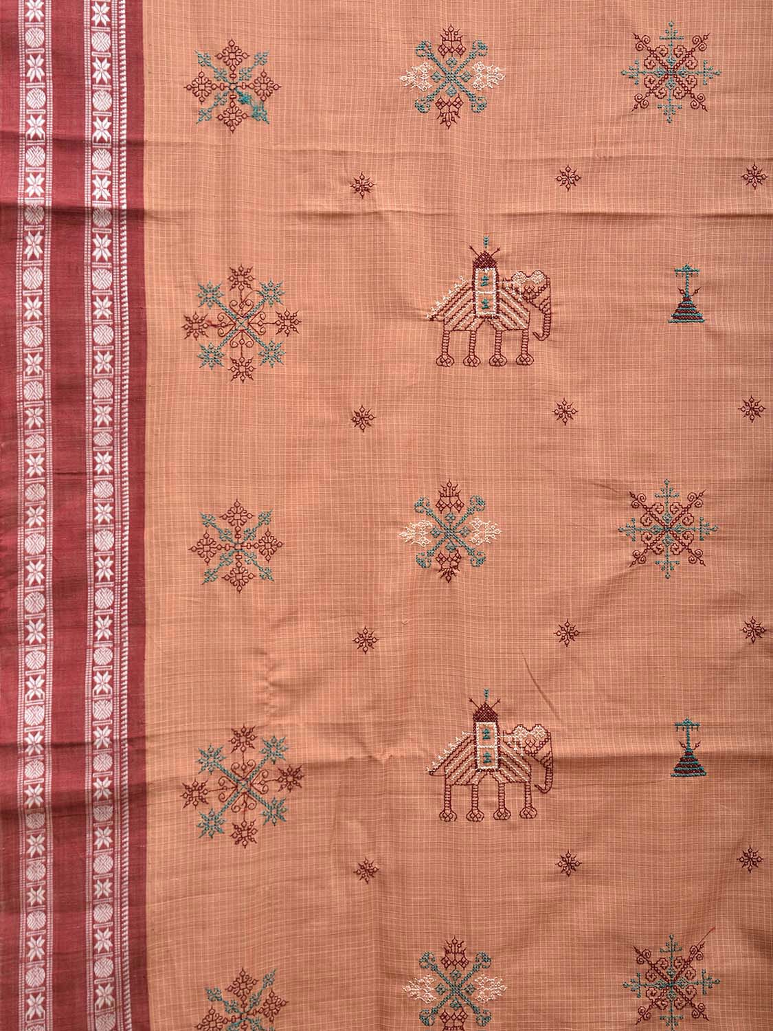 Light Brown and Red Narayanpet Cotton Handloom Saree with Kasuti Work Design o0586