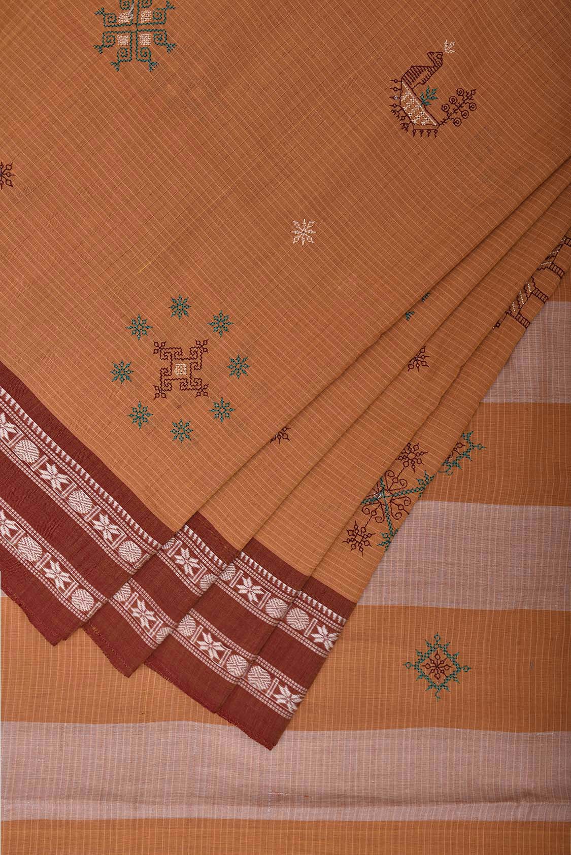 Light Brown and Red Narayanpet Cotton Handloom Saree with Kasuti Work Design o0588