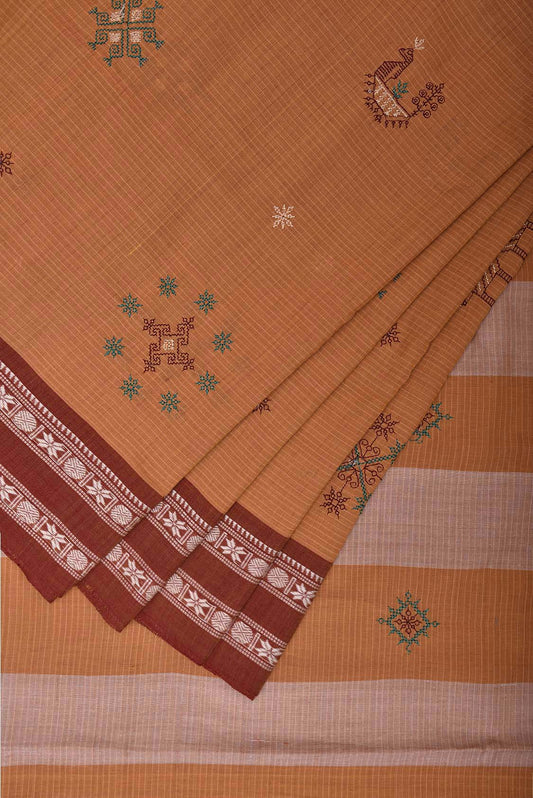 Light Brown and Red Narayanpet Cotton Handloom Saree with Kasuti Work Design o0588