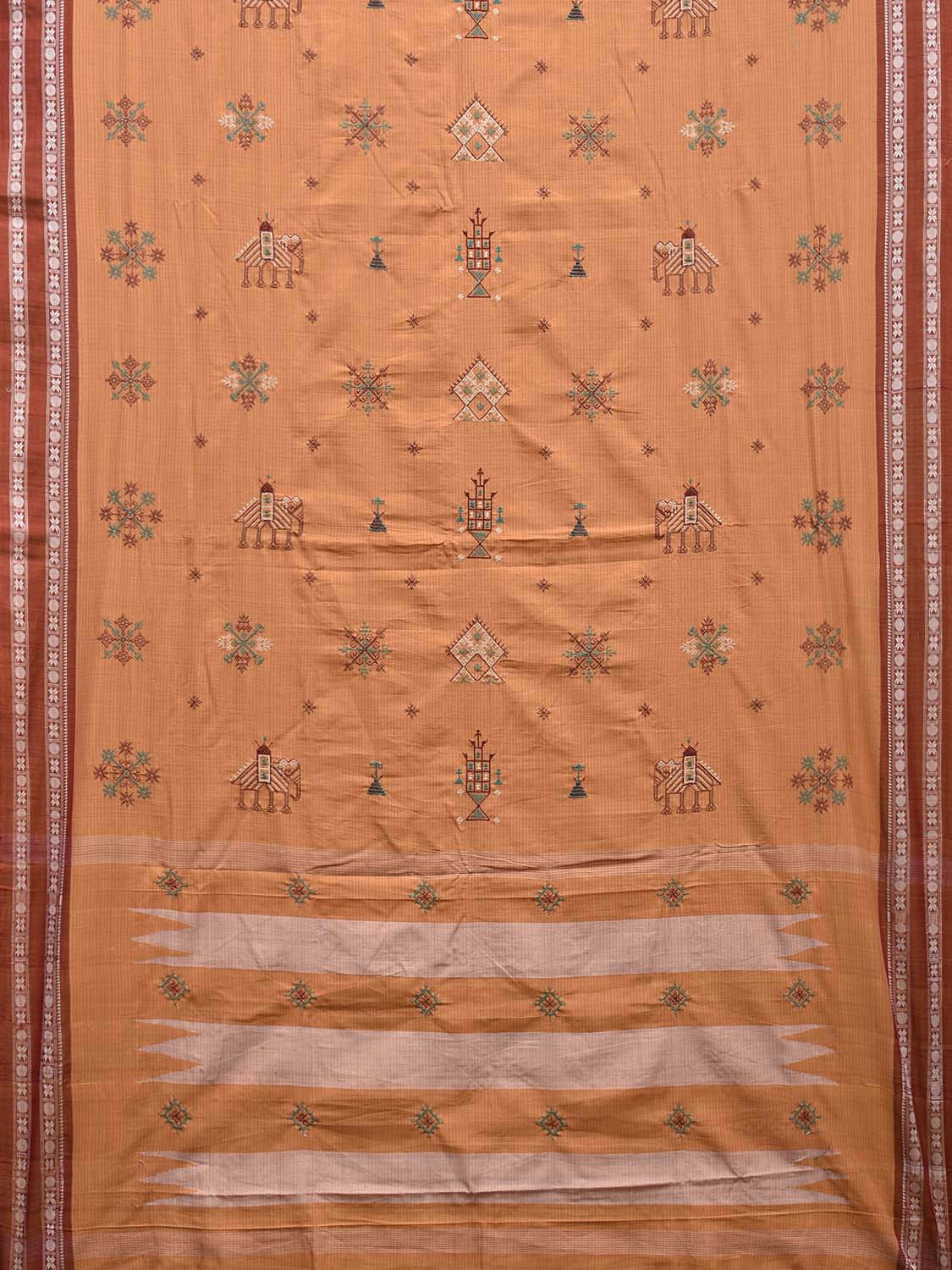 Light Brown and Red Narayanpet Cotton Handloom Saree with Kasuti Work Design o0588