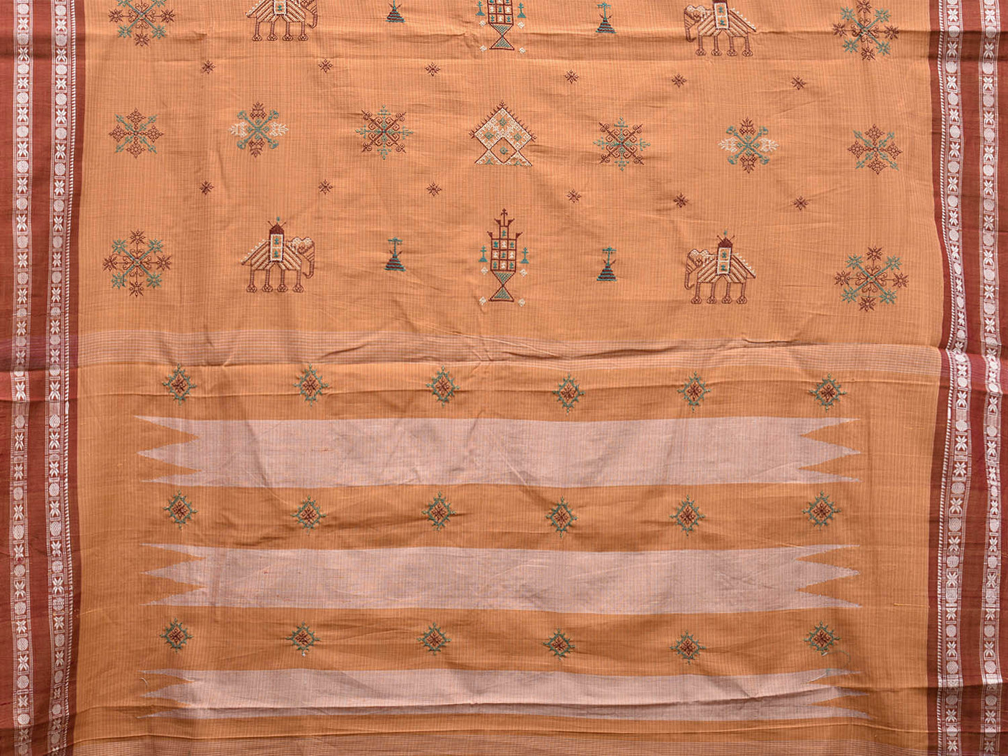 Light Brown and Red Narayanpet Cotton Handloom Saree with Kasuti Work Design o0588