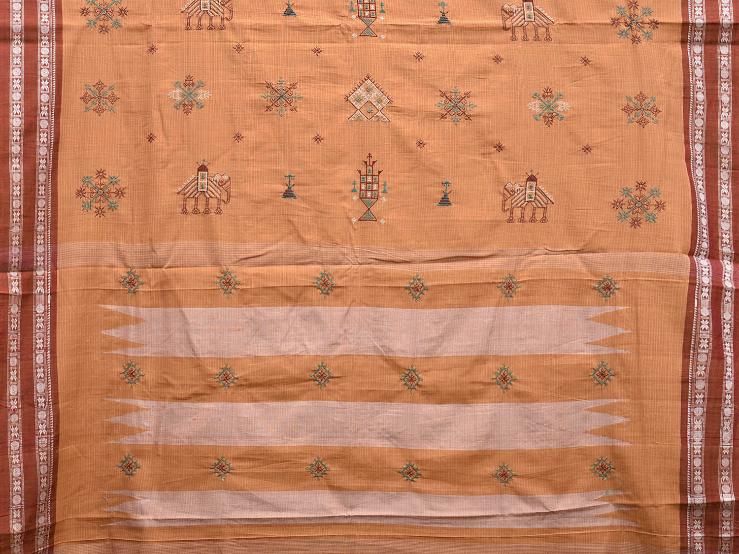 Light Brown and Red Narayanpet Cotton Handloom Saree with Kasuti Work Design o0588