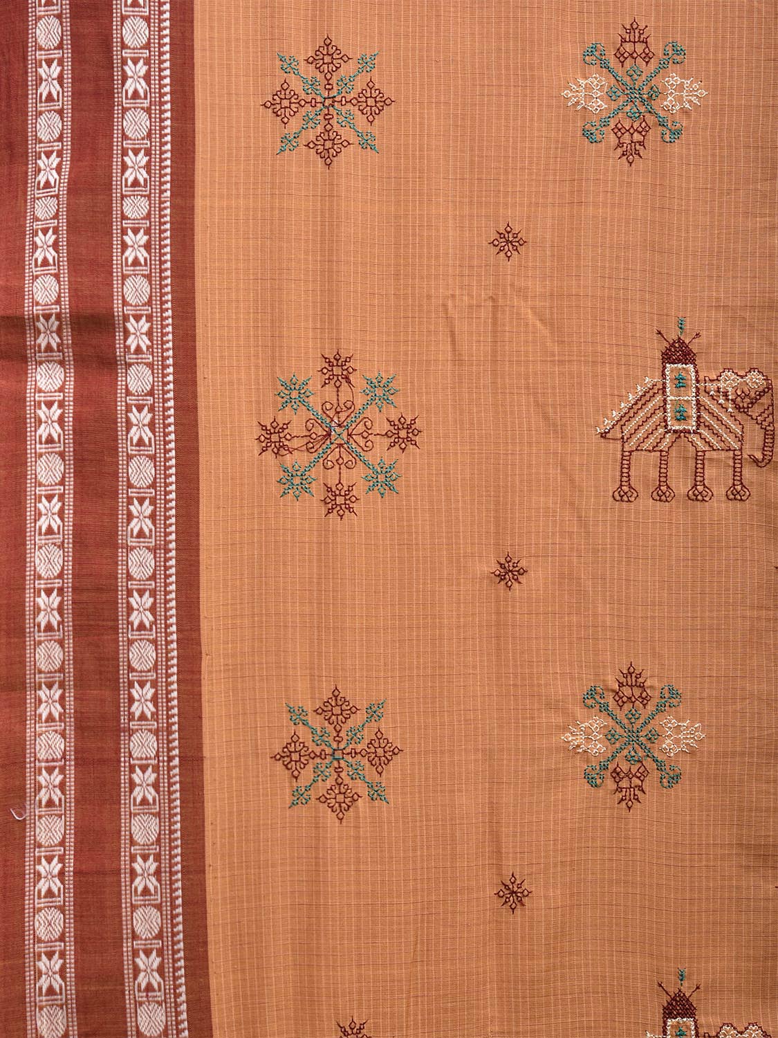 Light Brown and Red Narayanpet Cotton Handloom Saree with Kasuti Work Design o0588