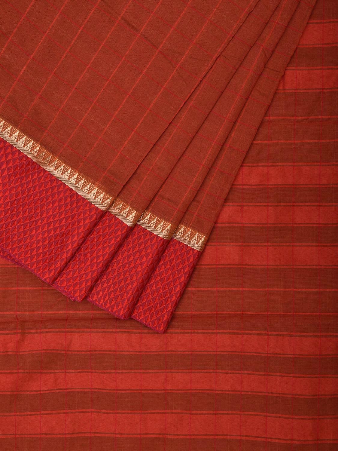 Light Brown and Rust Bamboo Cotton Saree with Big Checks and Strips Pallu Design No Blouse bc0590
