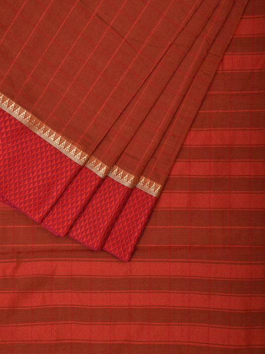 Light Brown and Rust Bamboo Cotton Saree with Big Checks and Strips Pallu Design No Blouse bc0590