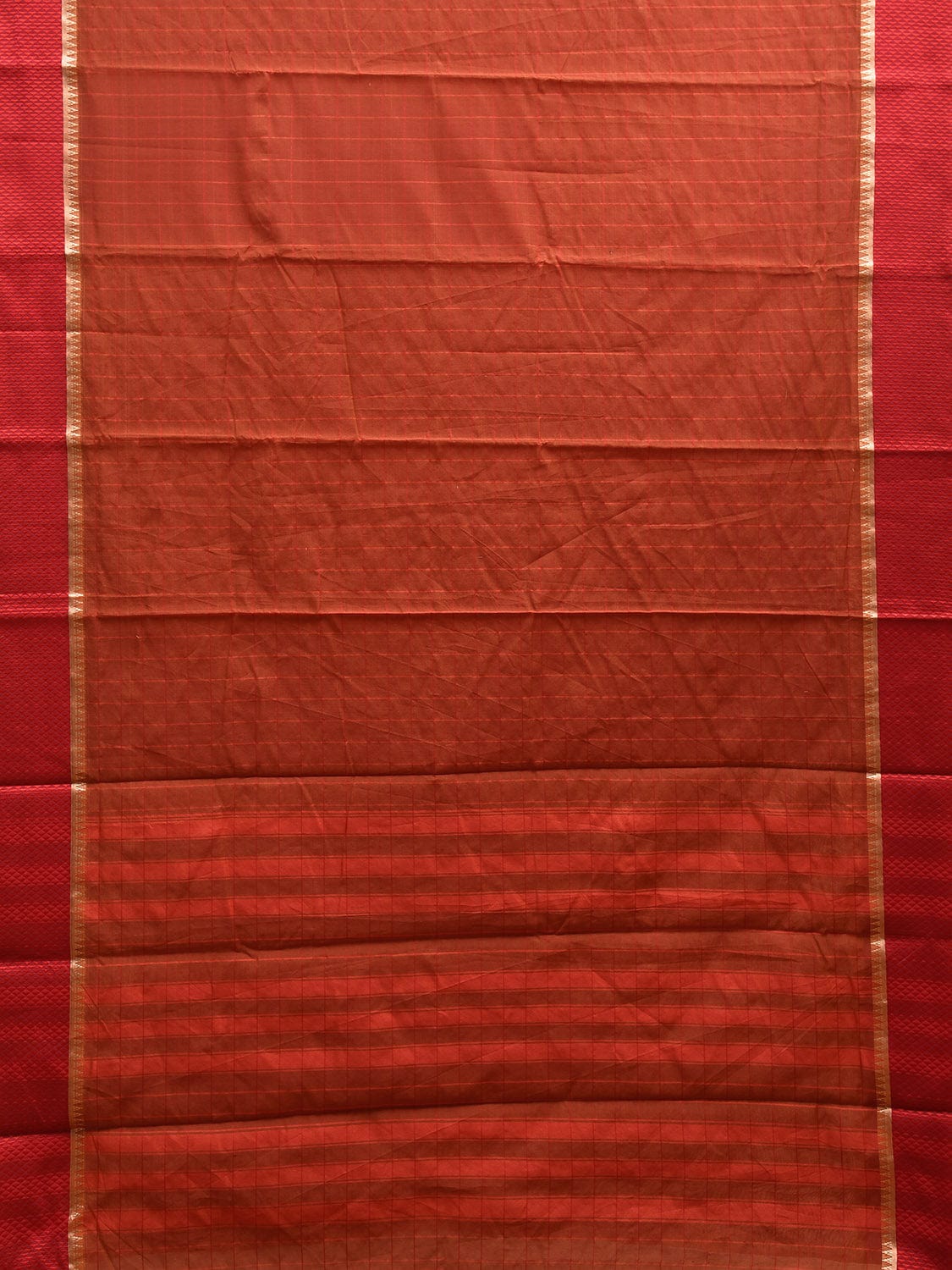 Light Brown and Rust Bamboo Cotton Saree with Big Checks and Strips Pallu Design No Blouse bc0590