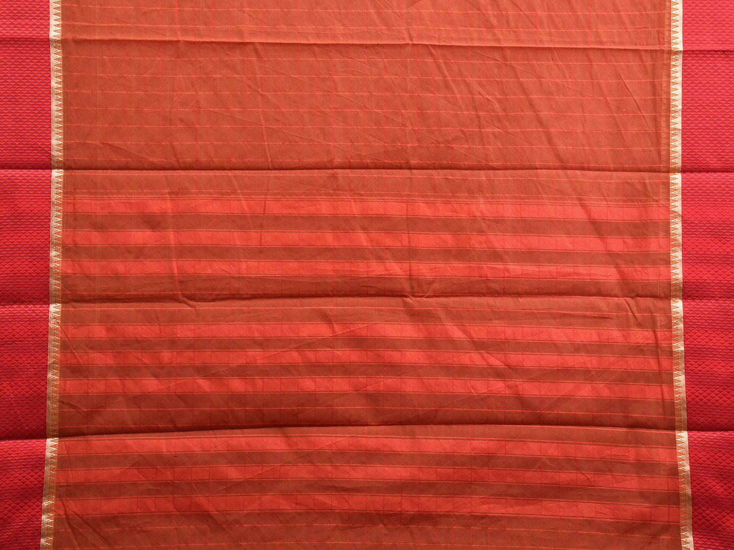 Light Brown and Rust Bamboo Cotton Saree with Big Checks and Strips Pallu Design No Blouse bc0590