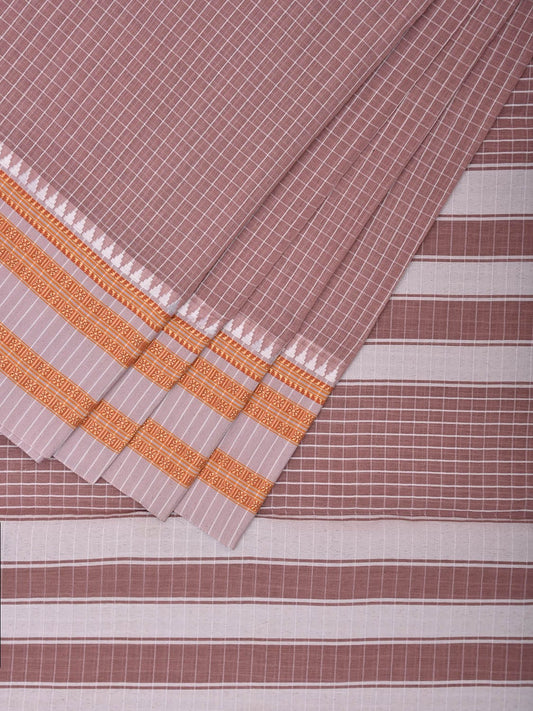 Light Brown and White Bamboo Cotton Saree with Checks and Strips Pallu Design No Blouse bc0634