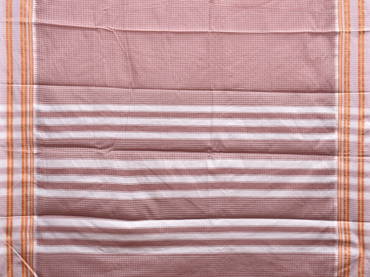 Light Brown and White Bamboo Cotton Saree with Checks and Strips Pallu Design No Blouse bc0634