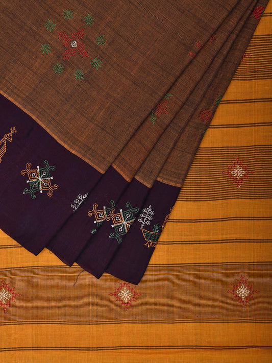 Light Brown and Yellow Narayanpet Cotton Handloom Saree with Kasuti Work Design o0583