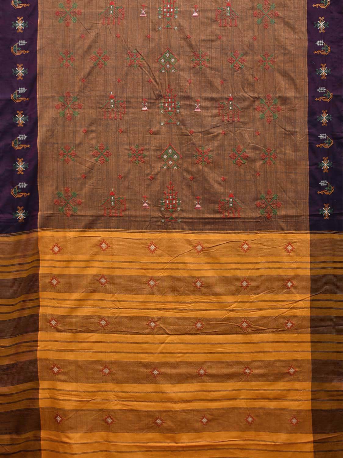 Light Brown and Yellow Narayanpet Cotton Handloom Saree with Kasuti Work Design o0583