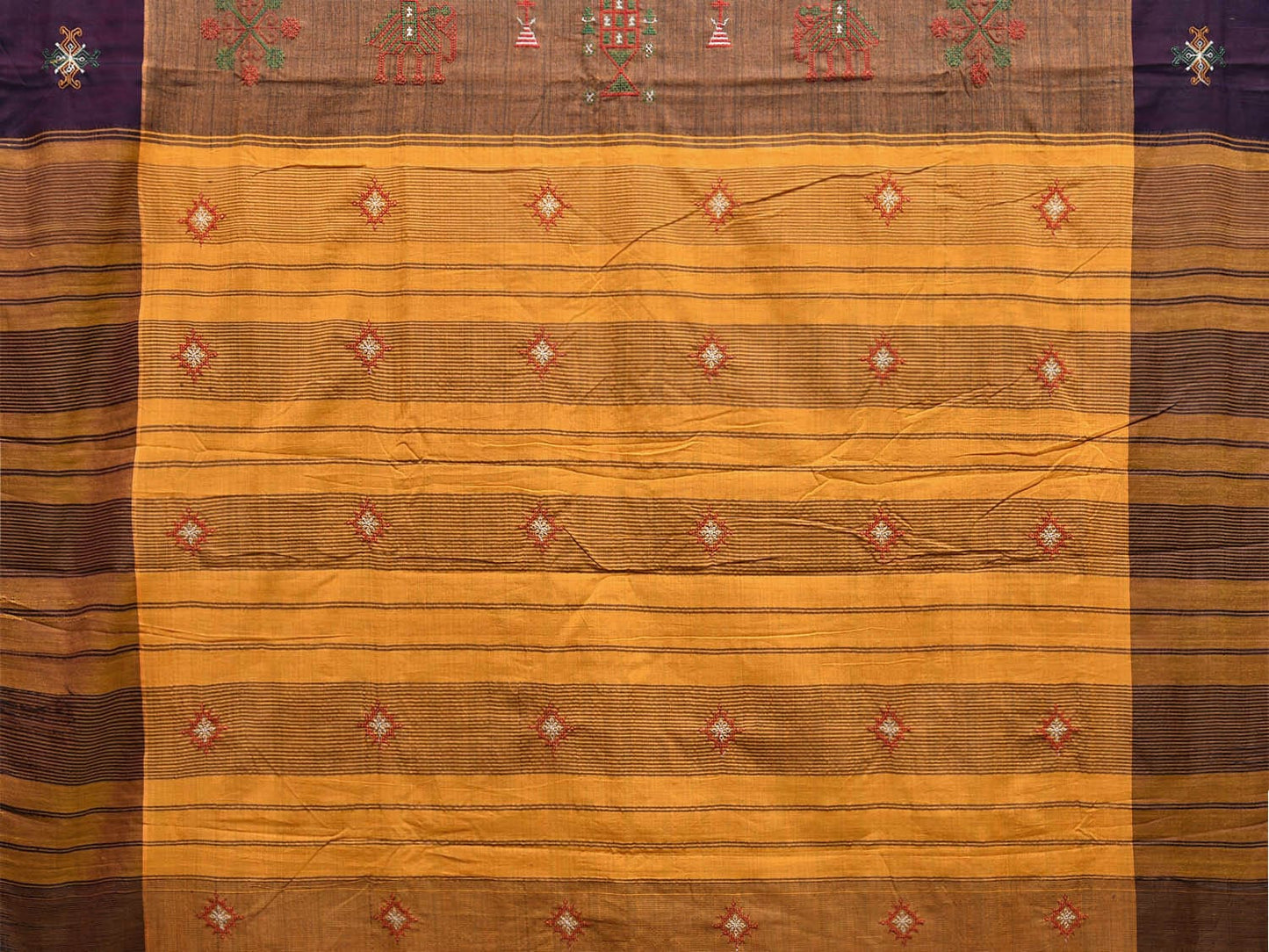 Light Brown and Yellow Narayanpet Cotton Handloom Saree with Kasuti Work Design o0583