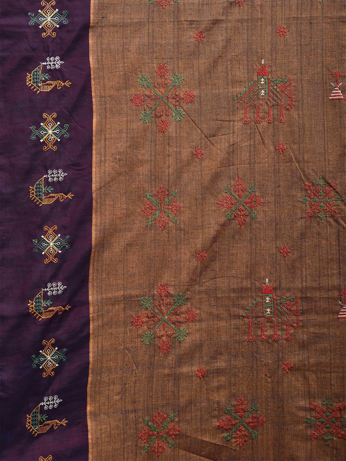 Light Brown and Yellow Narayanpet Cotton Handloom Saree with Kasuti Work Design o0583