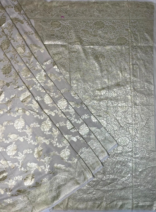 Light Brown Banaras Munga Silk Saree with Rich Zari Border and Birds with Floral Design b0072ds