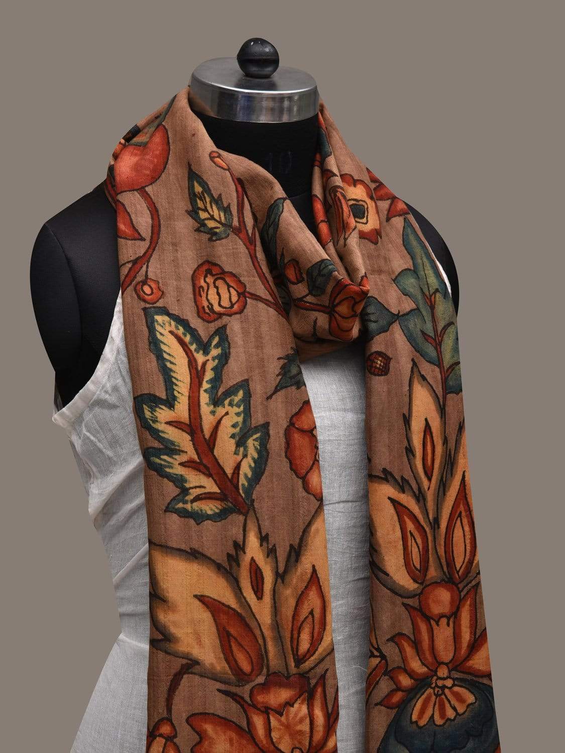 Light Brown Kalamkari Hand Painted Coton Handloom Dupatta with Floral Design ds2551