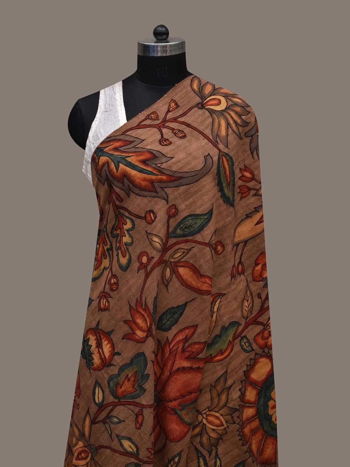 Light Brown Kalamkari Hand Painted Coton Handloom Dupatta with Floral Design ds2551