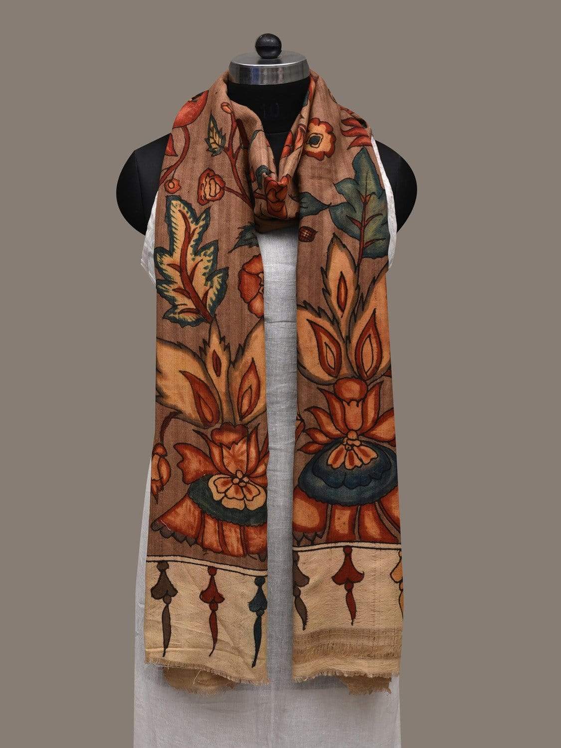 Light Brown Kalamkari Hand Painted Coton Handloom Dupatta with Floral Design ds2551