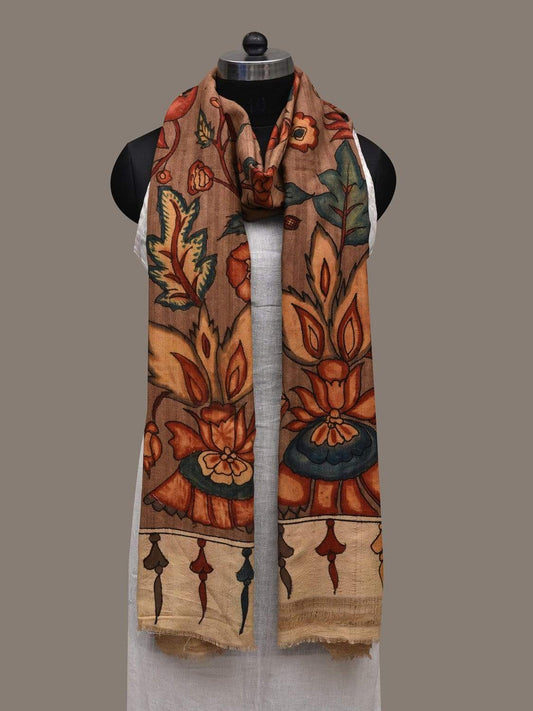 Light Brown Kalamkari Hand Painted Coton Handloom Dupatta with Floral Design ds2551