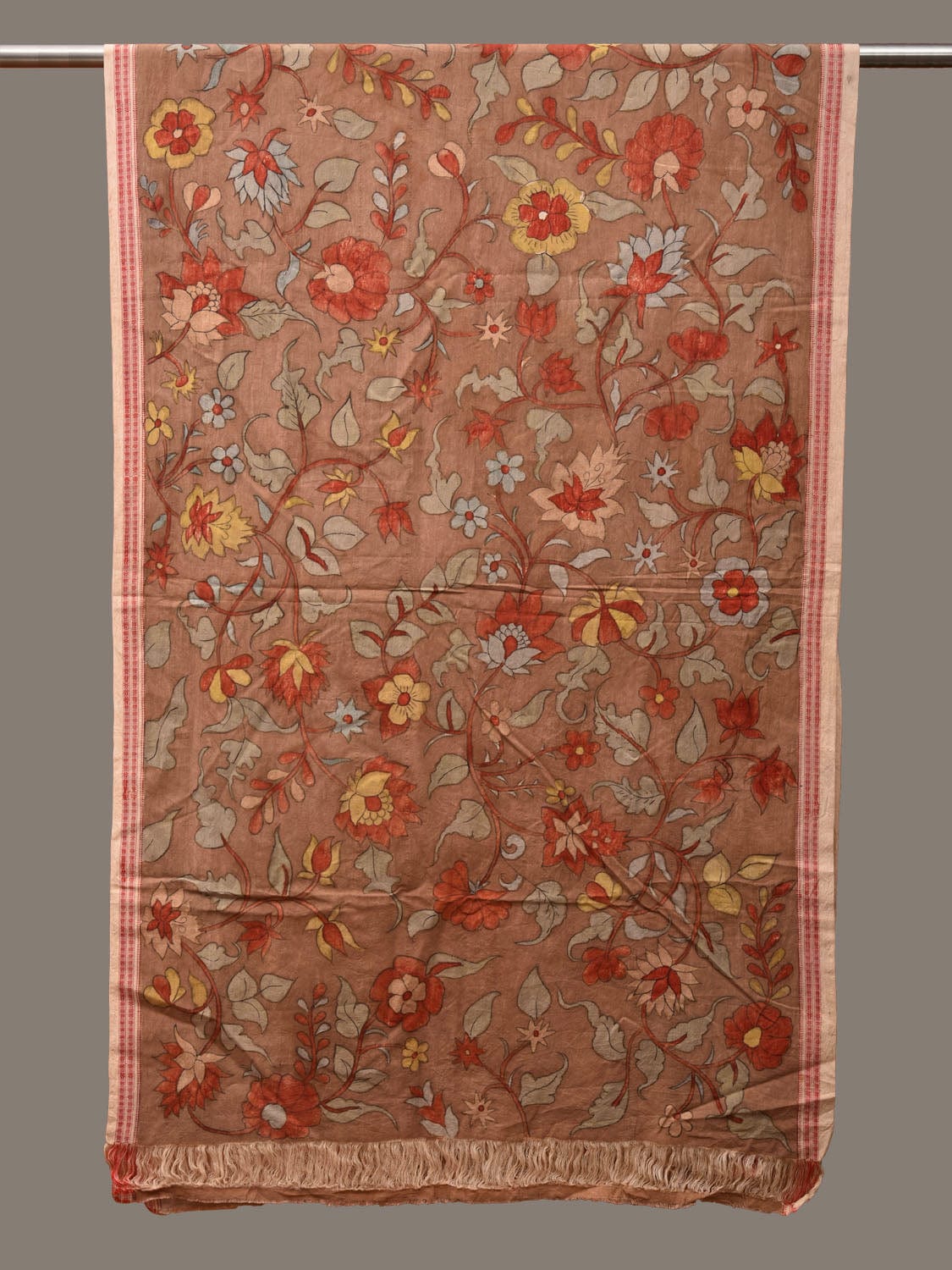 Light Brown Kalamkari Hand Painted Cotton Handloom Dupatta with Floral Design ds3128
