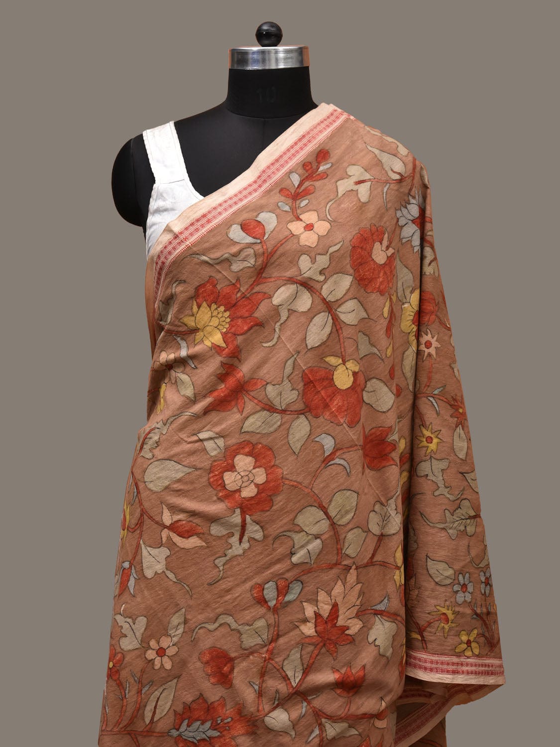 Light Brown Kalamkari Hand Painted Cotton Handloom Dupatta with Floral Design ds3128
