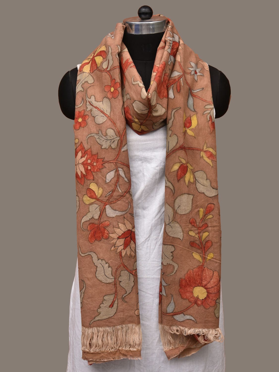 Light Brown Kalamkari Hand Painted Cotton Handloom Dupatta with Floral Design ds3128
